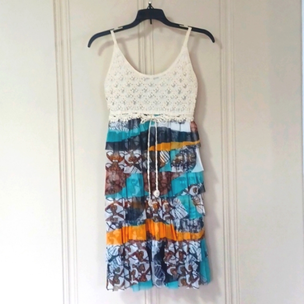 J Gee Anthropologie- Cream Crocheted Bodice Multi-colored Tiered Sun Dress WS
